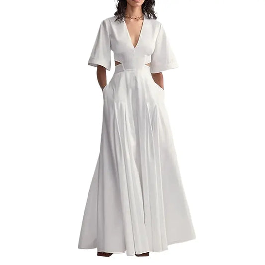 Custom Ladies Summer Clothing V Neck Casual Dresses Show Back Waist Pure White Maxi Long Pleated Elegant Gentle Women's Dress