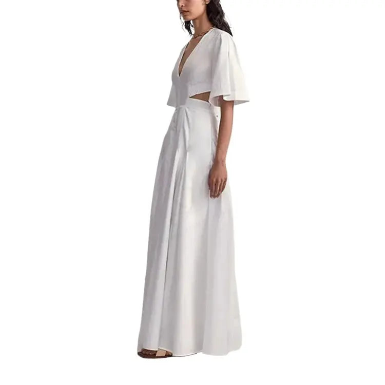 Custom Ladies Summer Clothing V Neck Casual Dresses Show Back Waist Pure White Maxi Long Pleated Elegant Gentle Women's Dress