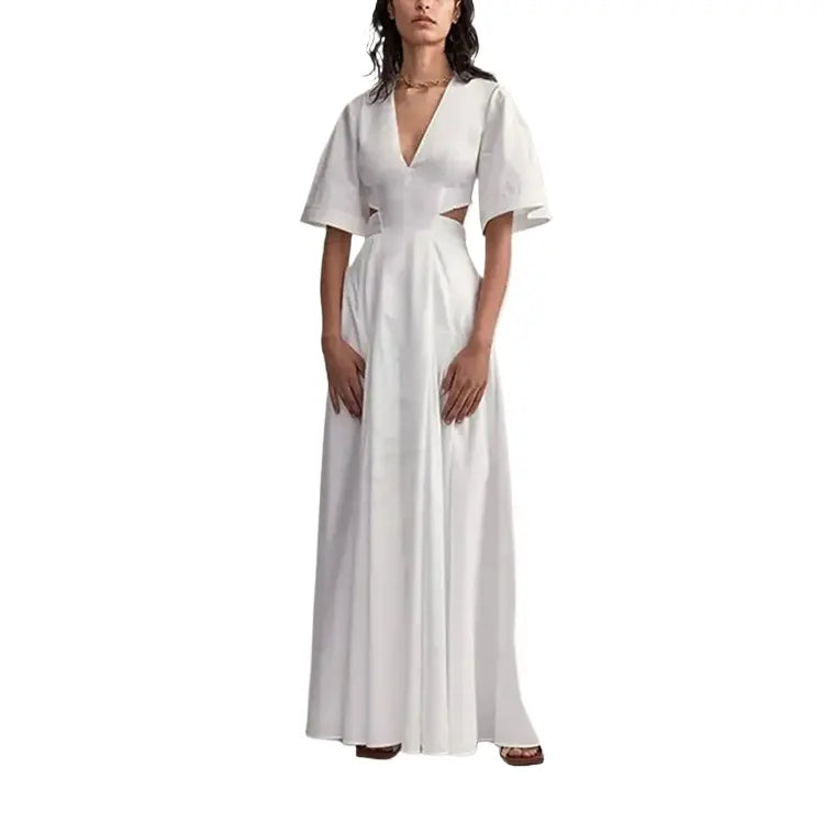 Custom Ladies Summer Clothing V Neck Casual Dresses Show Back Waist Pure White Maxi Long Pleated Elegant Gentle Women's Dress